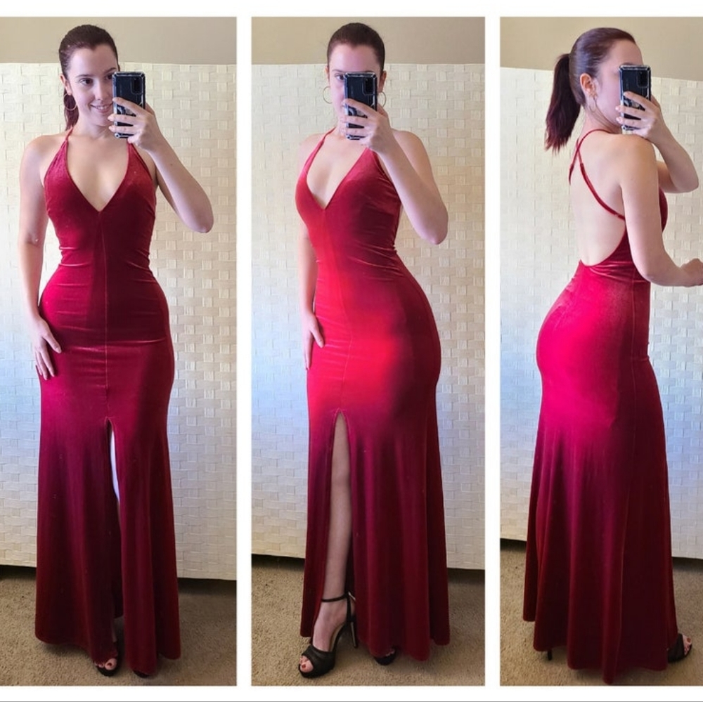 Vintage 90s Y2K Womens Rubber Ducky Raspberry Red Velvet Dress Backless Leg Slit